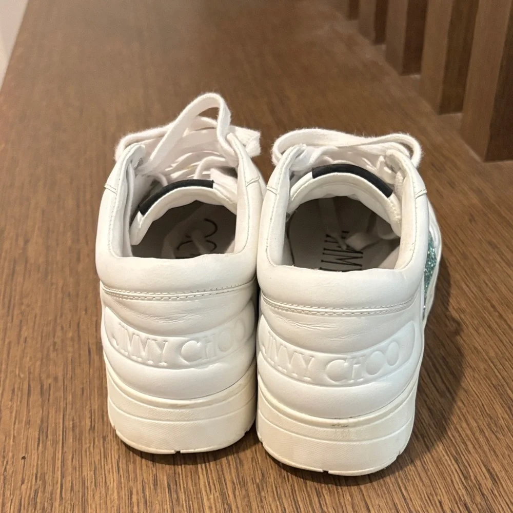 Jimmy Choo White and Teal Glitter Sneakers - Picture 4 of 8